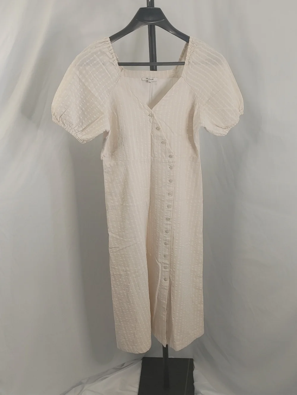 Madewell Cream Textured Button Front Midi Dress Size 6 Puff Sleeve - Picture 2 of 11